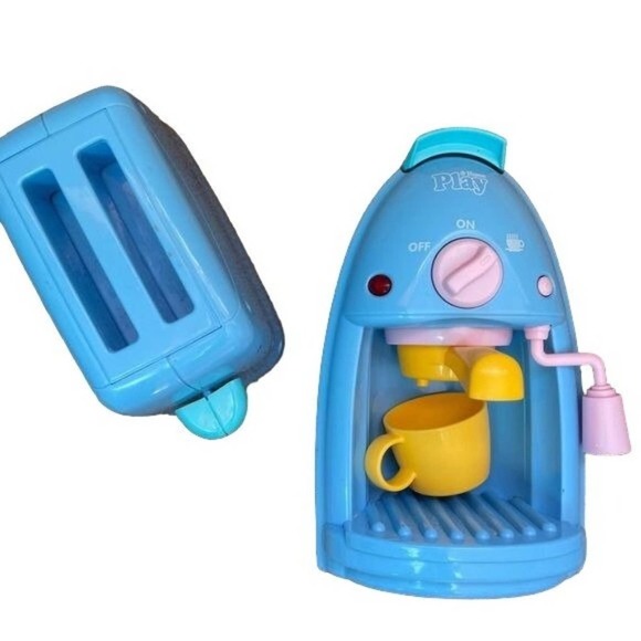 Play at Home Coffee Maker Toaster Blue Plastic Set Frother Cup Kitchen Toy - Picture 10 of 12
